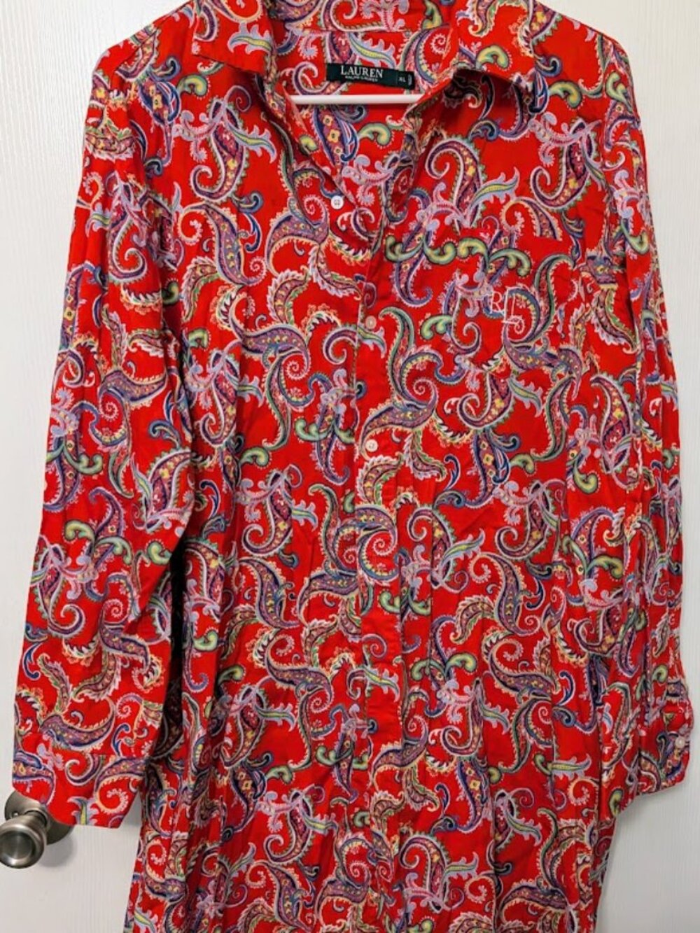 Ralph Lauren red paisley cotton night shirt, shirt dress, cover-up Size XL
